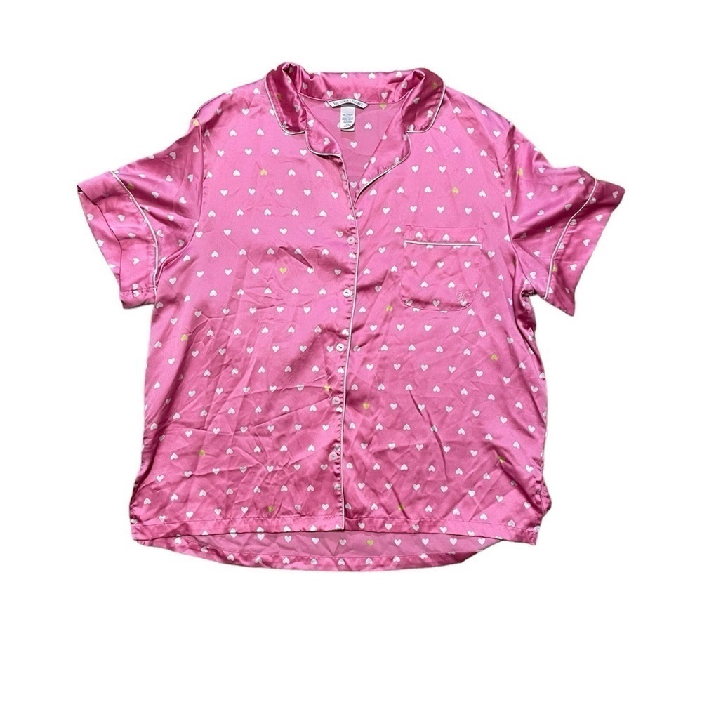 Victoria secret pink heart print short sleeve button up sleep shirt silk satin